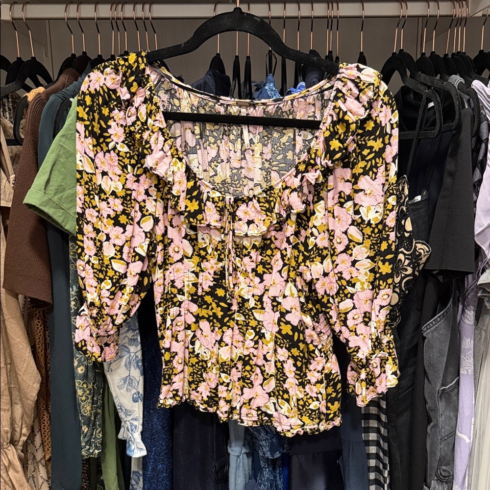 Free People Black Floral Ruffle Peasant Top with Pink Blossoms
